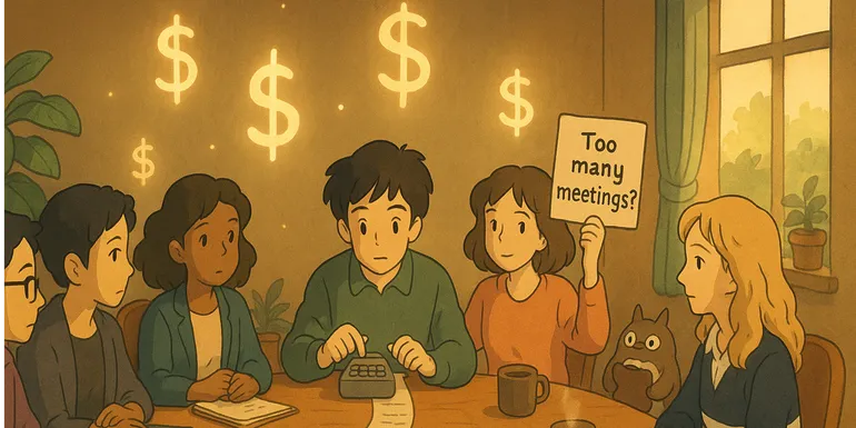 A cozy meeting room with six people around a table, floating dollar signs above, and a small creature holding a clipboard